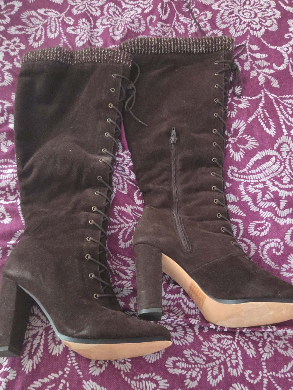 Women's Dark Brown Suede Lace-Up High Heel Boots